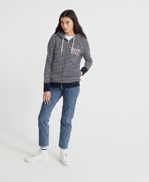 Superdry Embroidered Serif Loopback Cipzár Női Kapucnis Pulóver Sötétkék/Csíkok | QTGZM1764